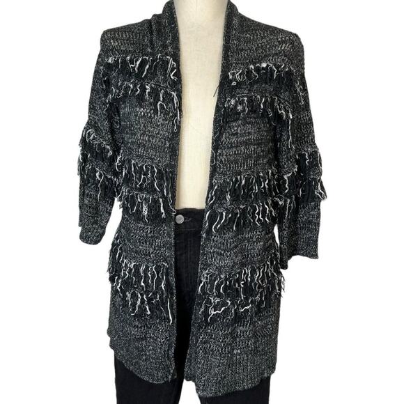 Knox Rose White Black Fringe Open Front Cardigan Sweater Boho Size XS - Picture 1 of 5
